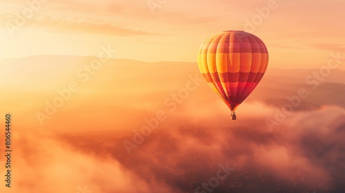 A vibrant hot air balloon soaring above the clouds in the sky © red_orange_stock