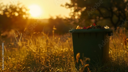 A green recycling bin sits in the middle of a field