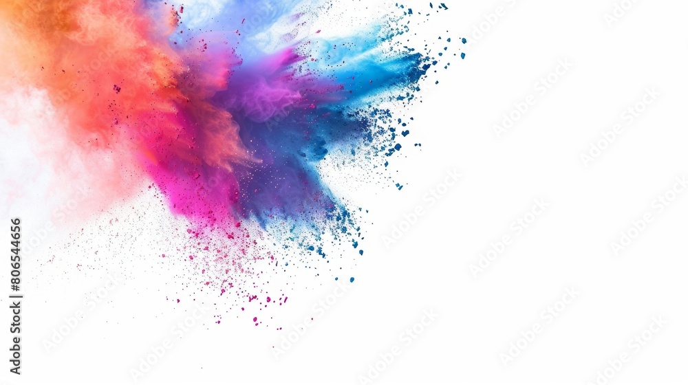 Multicolored powder exploding in vibrant hues against a white backdrop Multicolored powder exploding in vibrant hues against a white backdrop