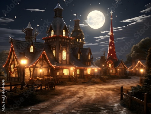 3D illustration of a haunted house at night with a full moon