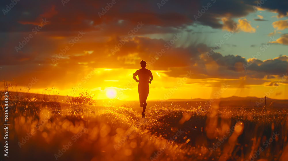 A person running in the field at sunset.