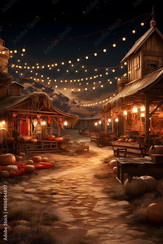 Winter night in the village. Digital painting. 3D illustration.