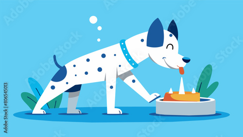 A playful Dalmatian chases after spurts of water shooting from a multitiered pet fountain its energy and thirst both quenched.. Vector illustration
