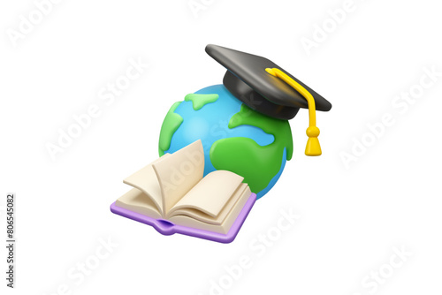 Study abroad vector 3d icon. Book, graduation cap and planet Earth emblem. Education online, planet with academic hat. Back to school, e-learning