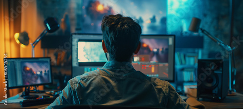 A video editor working and watching on his monitors