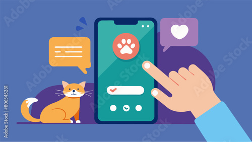 A pet owners finger pressing the feed button on a smart device with a notification that its time to feed their furry friend.. Vector illustration