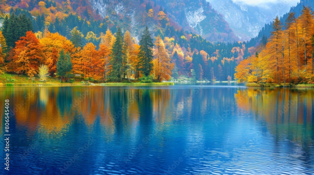 A lake reflecting fiery autumn colors, encircled by towering mountains and vibrant trees A lake reflecting fiery autumn colors, encircled by towering mountains and vibrant trees