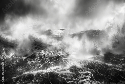 Stormy ocean, black and white, blur art photography.