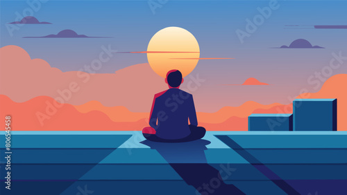 A lone individual sitting on a rooftop watching the sunset and feeling a sense of inner peace in the beauty of the moment.. Vector illustration