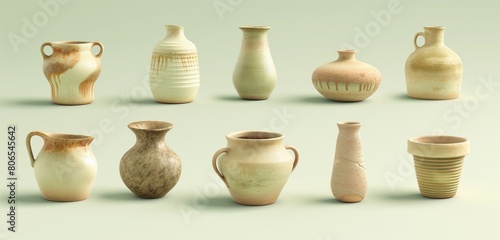 A set of artisanal, hand-thrown pottery, each piece showcasing a unique glaze and shape, arranged against a light, earthy green solid background, emphasizing the warmth.