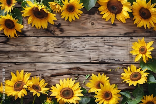 Sunflower frame on wooden wall. Copy space. Space for text  Generative AI.                                                                                             Generative AI