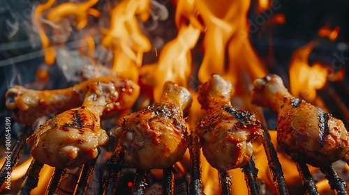 Flames dancing around juicy chicken drumsticks on the grill, creating a mouthwatering spectacle