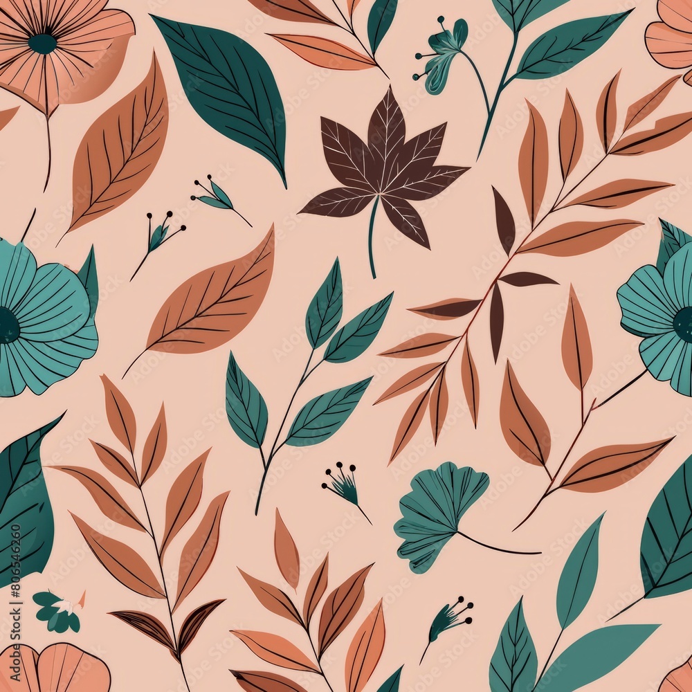 Fototapeta premium Seamless pattern of botanical illustrations featuring leaves, branches, and blossoms, drawn in fine detail with pen and ink for a timeless and elegant wrapping paper, Generative AI