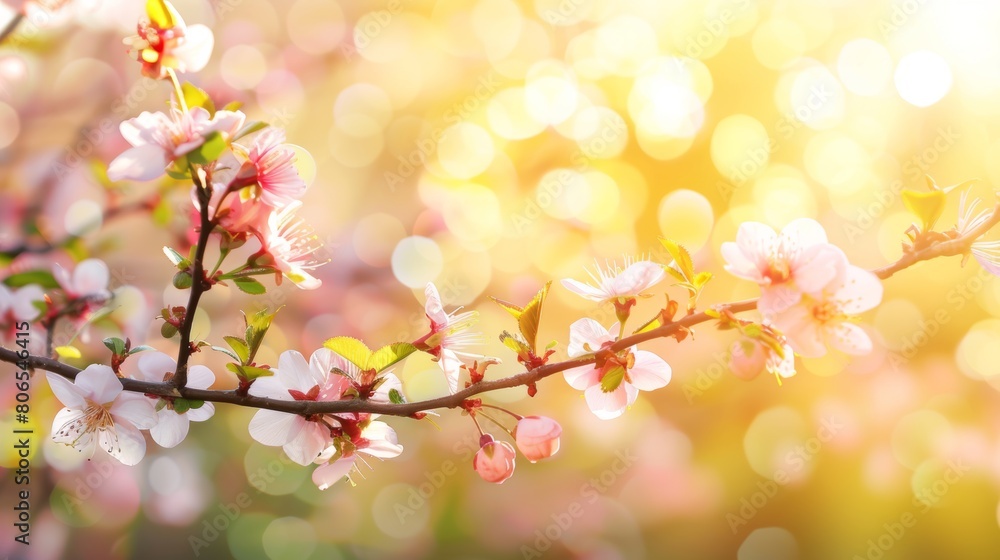 A detailed view of a branch with vibrant flowers in full bloom against a blurred backdrop
