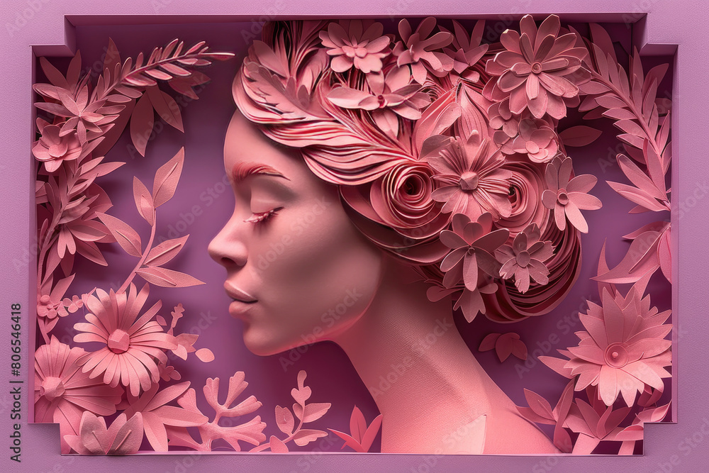 3D paper art of woman face surrounded by flowers, pink and purple color palette. Created with Ai