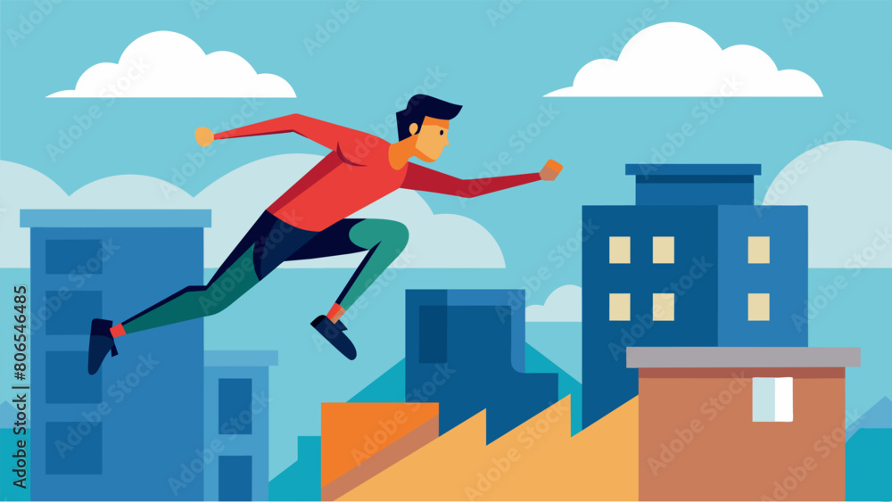 A man demonstrating his parkour abilities by leaping from the edge of one rooftop to another.. Vector illustration