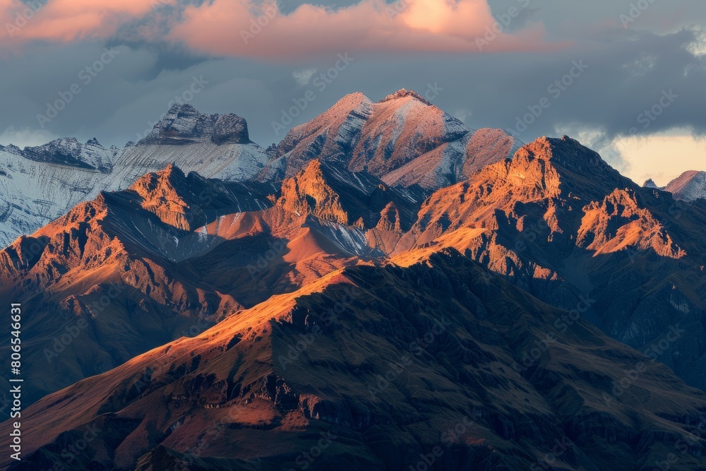 Envision the majesty of a mountain range at sunrise, with golden light painting the peaks in hues of pink and orange, casting long shadows, Generative AI