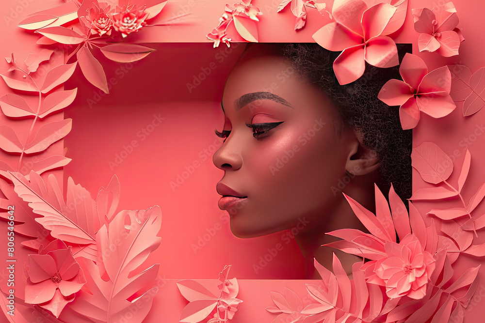  3D paper art of an African American woman surrounded by tropical flowers and leaves, the background is solid color pink. Created with Ai