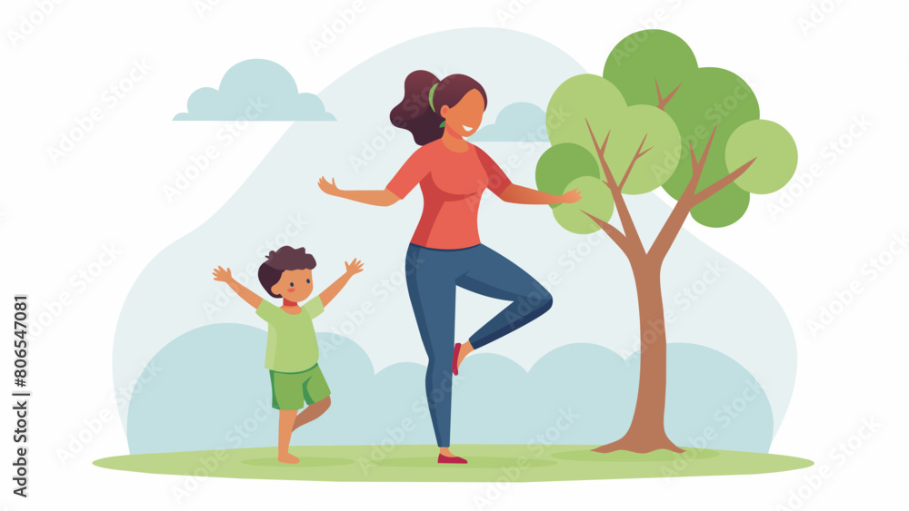 A mother and her toddler balancing on one leg in a playful tree pose their eyes locked with joy and concentration.. Vector illustration
