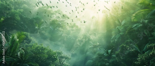 Highaltitude view of a rainforest the canopy dotted with exotic birds in flight showcasing dynamic wildlife interactions