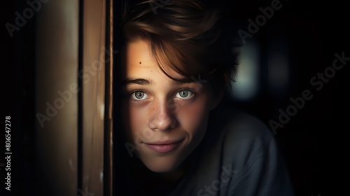 A teenage boy peeks around a doorframe with a shy smile on his f photo