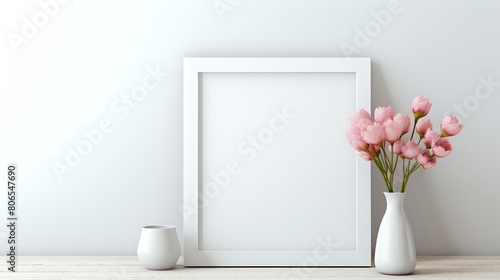 White frame mockup with pink flowers in a vase on a white table © Chayanin Wongpracha