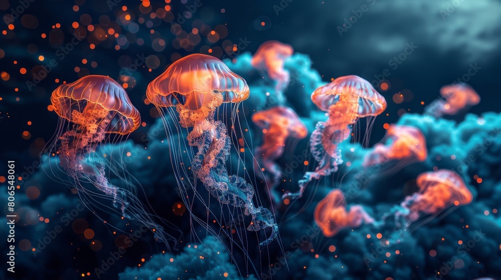 Digital composition of a school of jellyfish floating amidst digital data clouds symbolizing transparency and flow in business processes Digital composition of a school of jellyfish floating amidst digital data clouds symbolizing transparency and flow in business processes