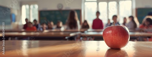 Apple on school desk as children in class learn in background