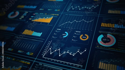 Advanced data analytics dashboard display. Business and financial investment. HUD infographic of financial. Information reports of business strategy for investment. Technology data analysis.