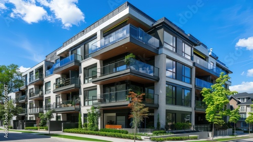 A contemporary condominium building with sleek balconies and glass facades.