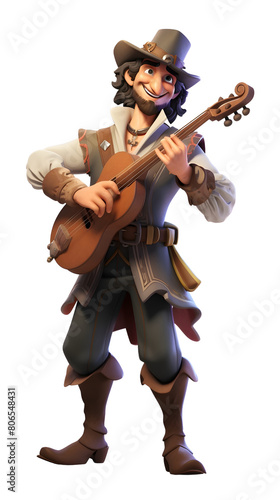 3D cartoon musician character with a guitar isolated on a transparent background