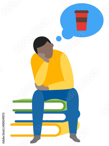 Man sitting on pile of books and dreaming of coffee