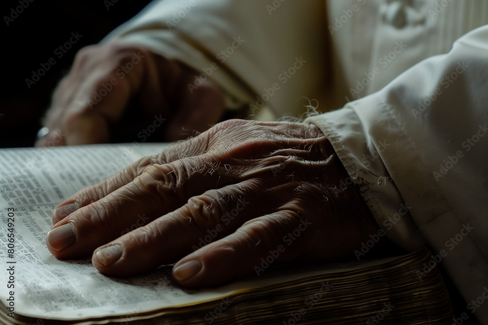 Fototapeta premium priest who puts his hand on the bible and swears close up hand