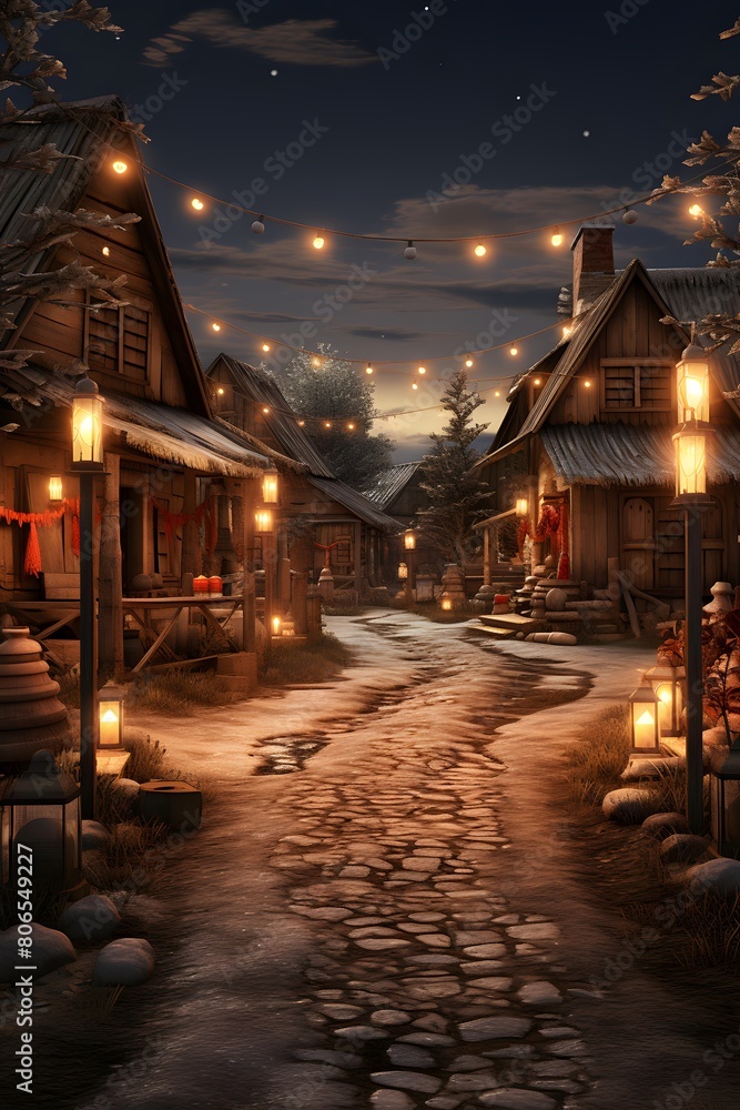 Winter night in the village. Christmas background. 3D rendering.