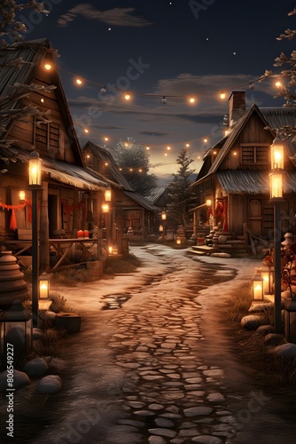 Winter night in the village. Christmas background. 3D rendering.