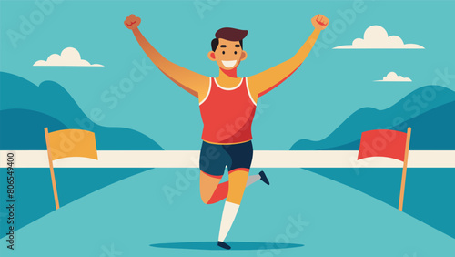Crossing the finish line a marathon runner throws their arms up in triumph knowing that the runners high has helped them conquer the grueling race.. Vector illustration