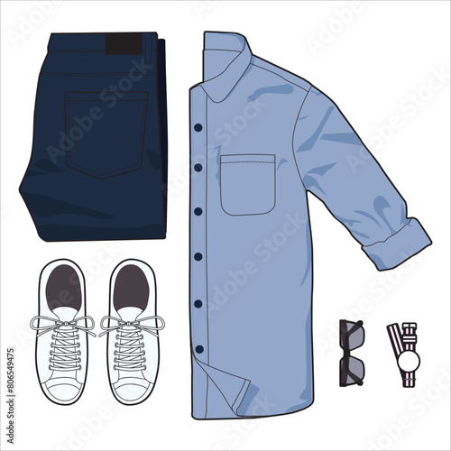 Top view of men clothing with Shirt,Pant ,Leather shoes ,glasses and Watch .vector illustration.