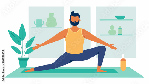 A man with rheumatoid arthritis taking deep breaths and mindfully moving through a series of modified yoga poses in a small inclusive class designed. Vector illustration