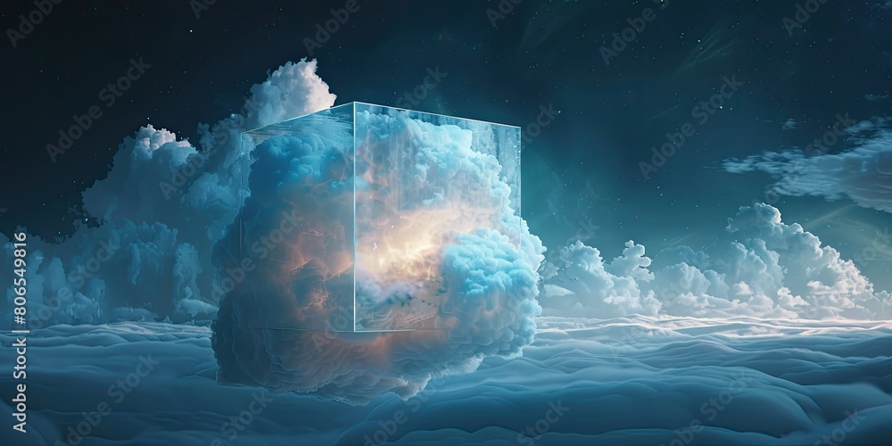 A cloud cube with a data center inside floating in the sky, rendered in the style of octane, a 3D illustration, with highly detailed photography at a high resolution