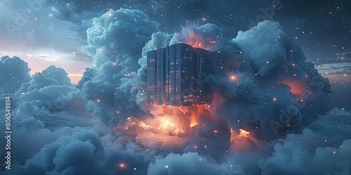 A cloud wrapped around an advanced data center cube floating in the sky, surrounded glowing lights and stars. The scene is set against a dark background with soft lighting