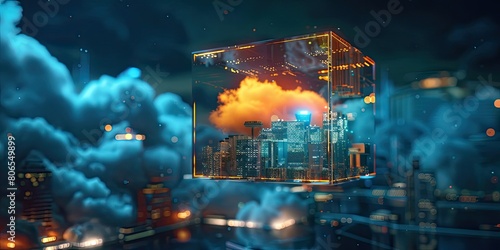 A floating cube with a cloudlike texture, containing an illuminated computer screen and futuristic buildings inside. The background is a dark night sky. In the style of 3D rendering.