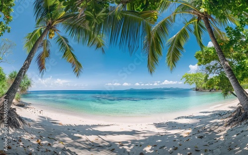 Panorama of a beautiful tropical beach with palm trees  white sand and turquoise water. very impressive view