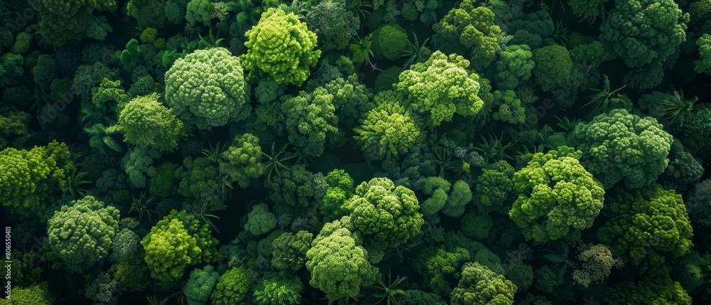Aerial shot capturing the peaceful coexistence of ancient trees and young saplings in a thriving rainforest ecosystem Aerial shot capturing the peaceful coexistence of ancient trees and young saplings in a thriving rainforest ecosystem