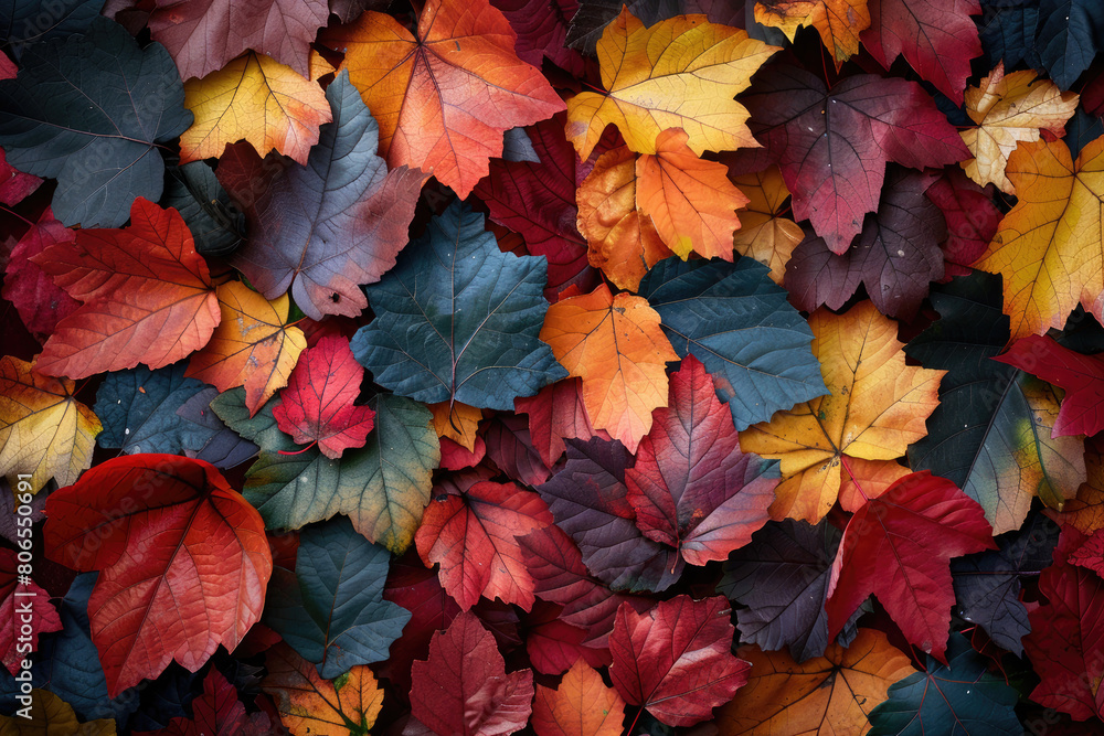 Colorful autumn leaves background, vibrant fall colors of red orange and yellow on dark blue green leaves background. Created with Ai