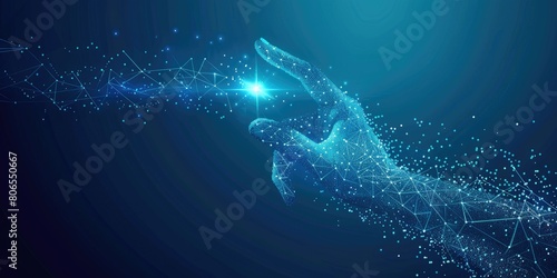 Abstract digital hand touching button on a blue background, a futuristic technology concept vector illustration design. A digital finger pointing at a virtual screen with a polygon mesh line grid