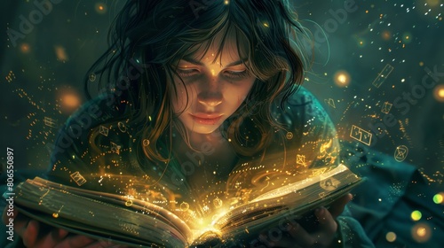 A young witch studying a floating spell book with magical runes and symbols hovering around her in a luminous dance photo