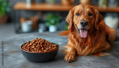Cute dog eating from a bowl on the living room floor  a closeup shot of a happy golden retriever with its mouth open and tongue out while sitting near its pet dish. Created with Ai