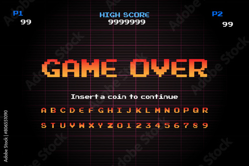 Game Over Retro arcade game machine background .8 bit game.retro game. Screen background and font.