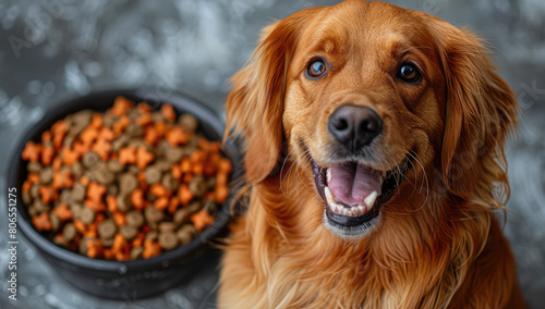 A happy golden retriever sitting next to a bowl of dog food in a professional photography on a grey background. Created with Ai