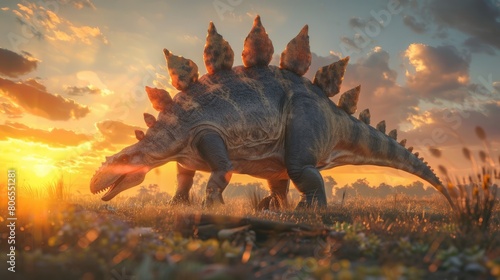 AI-generated majestic dinosaurs in a prehistoric landscape. Stegosaurus. Vivid colors and intricate details bring these ancient creatures to life. The concept of time when dinosaurs ruled the Earth.